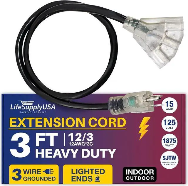 Alt view image 2 of 2 - 6 ft extension cord 12/3 sjtw with lighted 3-outlet - black - indoor / outdoor heavy duty extra durability 15 amp 125 volts 1875 watts by lifesupplyusa