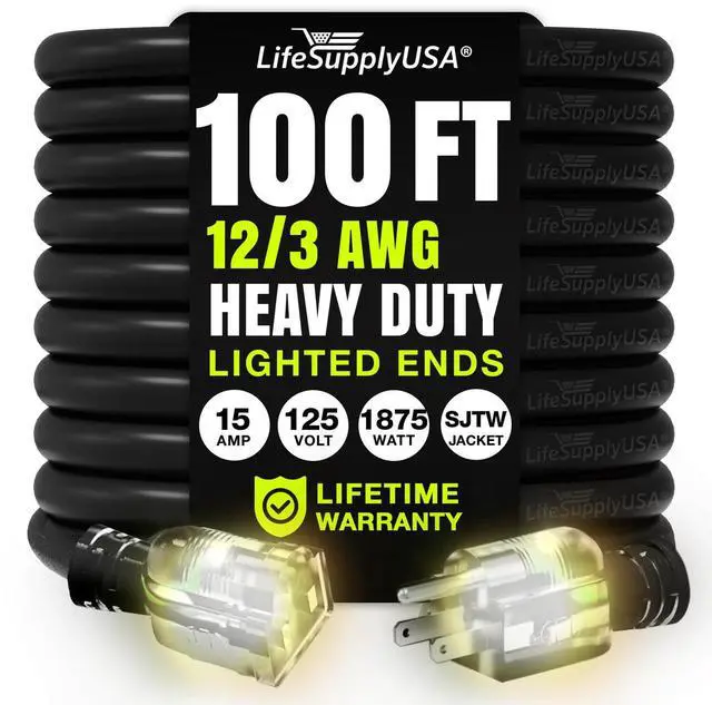 Main image of 100ft Outdoor/Indoor Extension Cord 10/3 Gauge Ultra Heavy Duty 3 Prong SJTW, Waterproof, Flexible Cold-Resistant Long Power Cord,125 Amp 1875W, Black by LifeSupplyUSA
