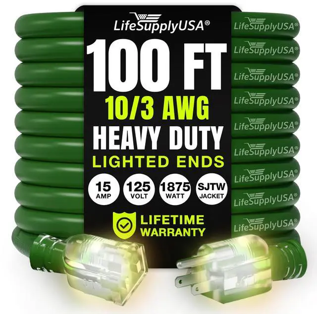Main image of 100ft Outdoor/Indoor Extension Cord 10/3 Gauge Ultra Heavy Duty 3 Prong SJTW, Waterproof, Flexible Cold-Resistant Long Power Cord,125 Amp 1875W, Green by LifeSupplyUSA