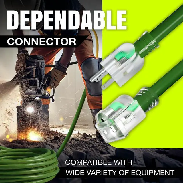 Alt view image 4 of 7 - 100ft Outdoor/Indoor Extension Cord 10/3 Gauge Ultra Heavy Duty 3 Prong SJTW, Waterproof, Flexible Cold-Resistant Long Power Cord,125 Amp 1875W, Green by LifeSupplyUSA