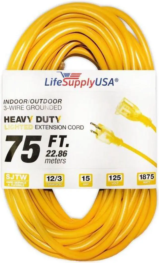 Main image of 12/3 75ft SJTW 15 Amp 125 Volt 1875 Watt Lighted End Indoor/Outdoor Extension Cord (75 feet)