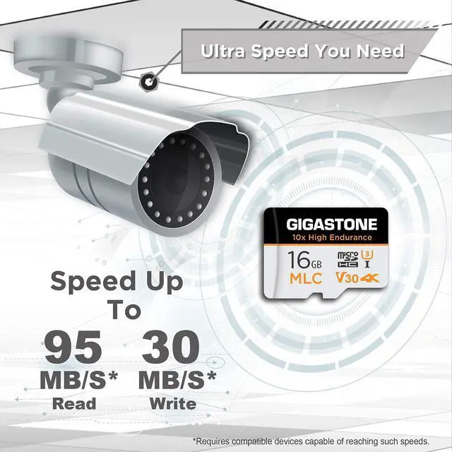 Alt view image 2 of 7 - [10x High Endurance] Gigastone Industrial 16GB MLC Micro SD Card, 4K Video Recording, Security Cam, Dash Cam, Surveillance Compatible 95MB/s, U3 C10, with Adapter [5-Yrs Free Data Recovery]