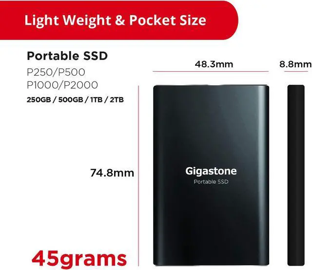 Alt view image 6 of 6 - Gigastone 2TB External SSD USB 3.2 Type C, Read Speed up to 500MB/s, 3D NAND, Ultra Slim Metal Portable Solid State Drive, for PC Laptop Mac Windows Linux Android PS4 Xbox One Smart TV