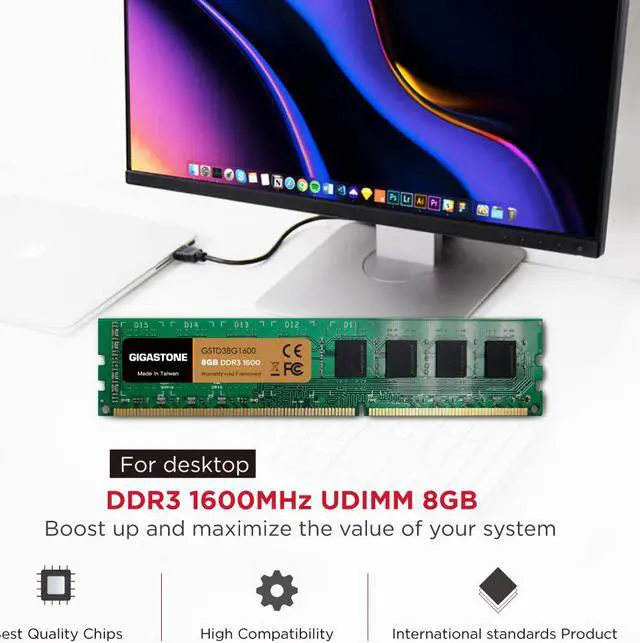 Alt view image 5 of 7 - Gigastone DDR3 8GB 1600MHz PC3-12800 CL11 1.5V UDIMM 240 Pin Unbuffered Non ECC for PC Computer Desktop Memory Module Ram Upgrade