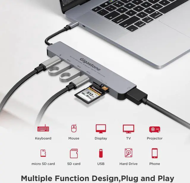 Alt view image 6 of 7 - [USB C Hub][100W Power Delivery] Gigastone Multiport Adapter 7-in-1 with 100W Charging, 4K HDMI, USB-C & 2 USB-A 5Gbps, SD & microSD Reader, for MacBook Air, MacBook Pro, Chromebook, Zenbook, Surface