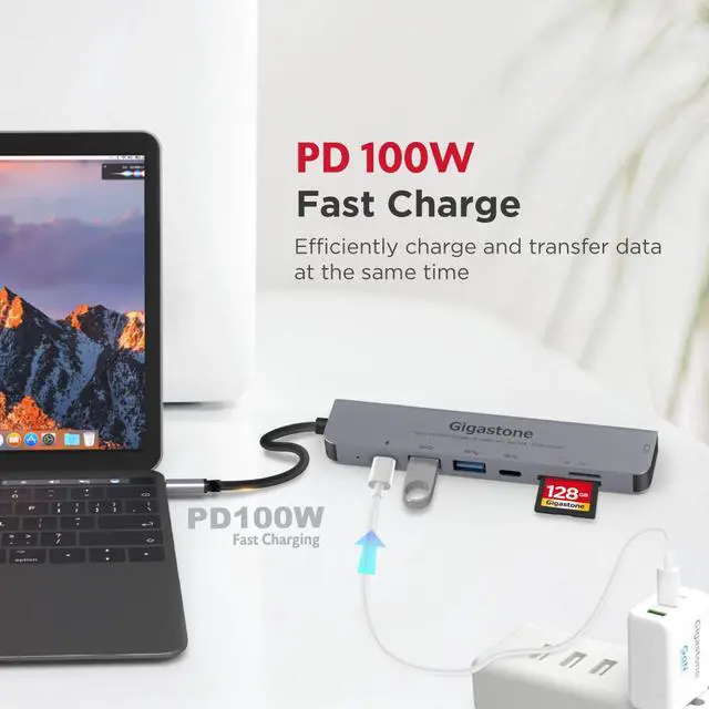 Alt view image 2 of 7 - [USB C Hub][100W Power Delivery] Gigastone Multiport Adapter 7-in-1 with 100W Charging, 4K HDMI, USB-C & 2 USB-A 5Gbps, SD & microSD Reader, for MacBook Air, MacBook Pro, Chromebook, Zenbook, Surface
