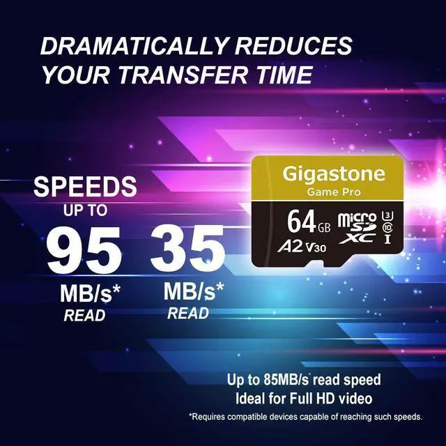 Alt view image 2 of 8 - [5-Yrs Free Data Recovery] Gigastone 64GB Micro SD Card, Game Pro, MicroSDXC Memory Card for Nintendo-Switch, GoPro, Security Camera, Wyze, DJI, Drone, 4K UHD, R/W up to 95/35MB/s UHS-I U3 A2 V30 C10