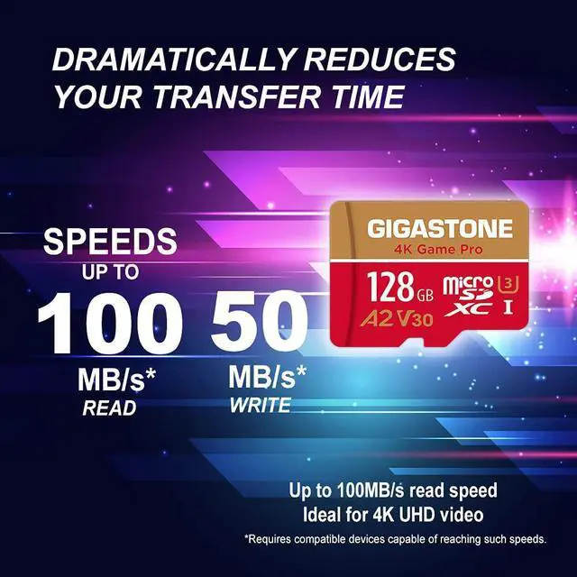 Alt view image 2 of 7 - [5-Yrs Free Data Recovery] Gigastone 128GB Micro SD Card, Game Pro, MicroSDXC Memory Card for Nintendo-Switch, GoPro, Action Camera, DJI, 4K UHD Video, R/W up to 100/50MB/s, UHS-I U3 A2 V30 C10