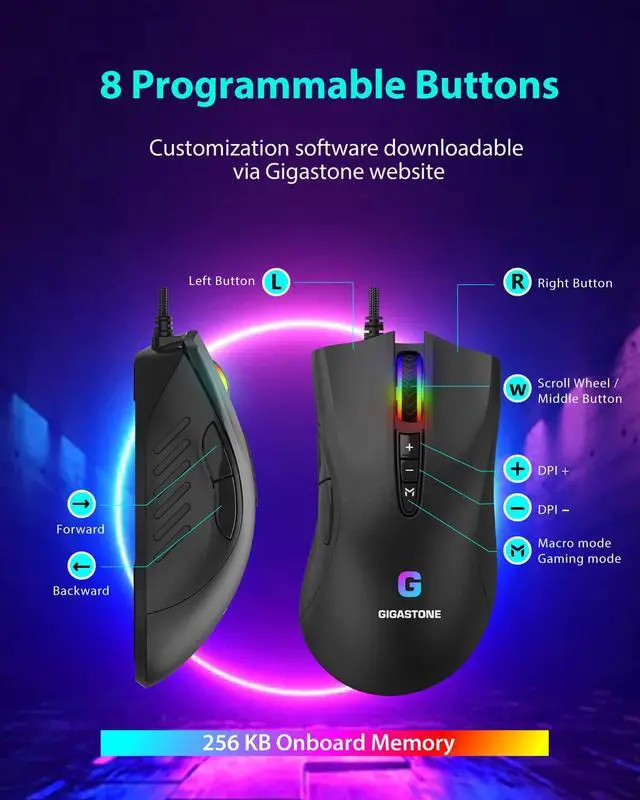 Alt view image 3 of 7 - Gigastone Gaming Mouse Up to 3200 DPI Adjustable, Wired Gaming Mouse with Customizable RGB Backlight, 8 Programmable Buttons, 256KB Onboard Memory, Most Suitable for Windows 7 and Up
