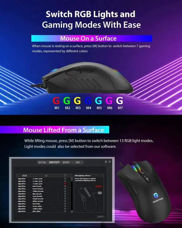 Alt view image 4 of 7 - Gigastone Gaming Mouse Up to 3200 DPI Adjustable, Wired Gaming Mouse with Customizable RGB Backlight, 8 Programmable Buttons, 256KB Onboard Memory, Most Suitable for Windows 7 and Up