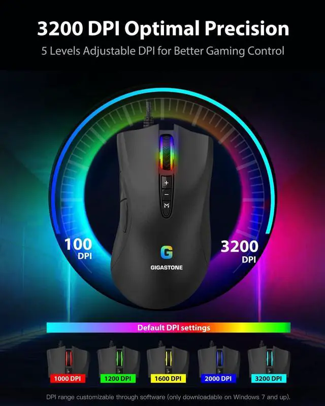 Alt view image 2 of 7 - Gigastone Gaming Mouse Up to 3200 DPI Adjustable, Wired Gaming Mouse with Customizable RGB Backlight, 8 Programmable Buttons, 256KB Onboard Memory, Most Suitable for Windows 7 and Up