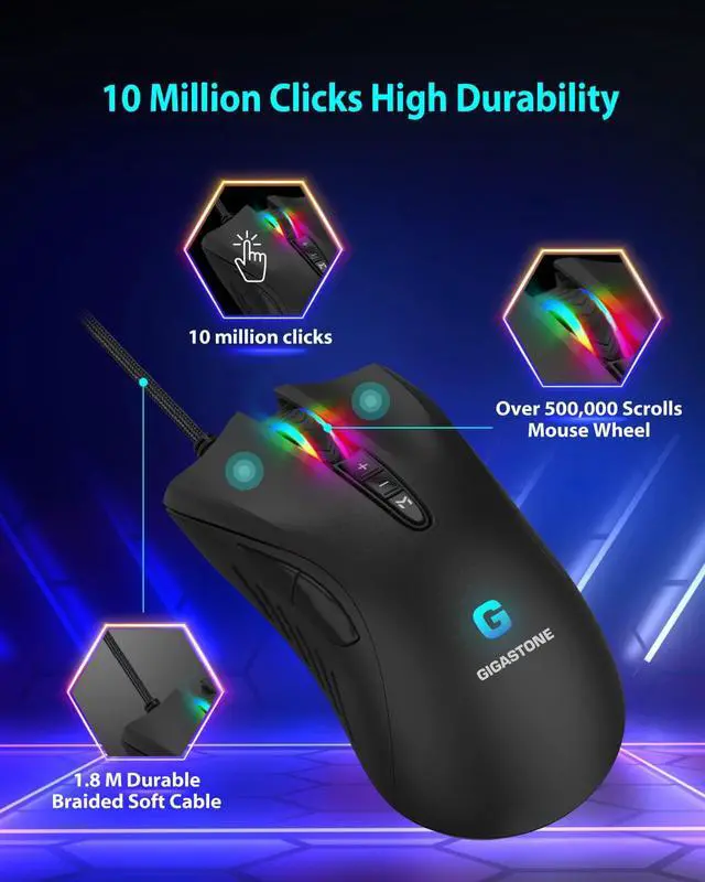 Alt view image 6 of 7 - Gigastone Gaming Mouse Up to 3200 DPI Adjustable, Wired Gaming Mouse with Customizable RGB Backlight, 8 Programmable Buttons, 256KB Onboard Memory, Most Suitable for Windows 7 and Up