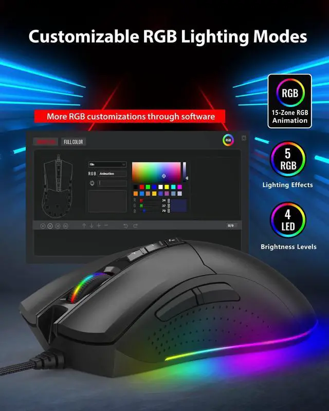 Alt view image 4 of 7 - Gigastone Gaming Mouse Up to 12,000 DPI Adjustable, Wired Gaming Mouse with Customizable RGB Backlight, 8 Programmable Buttons, 512KB Onboard Memory, Most Suitable for Windows 7 and Up