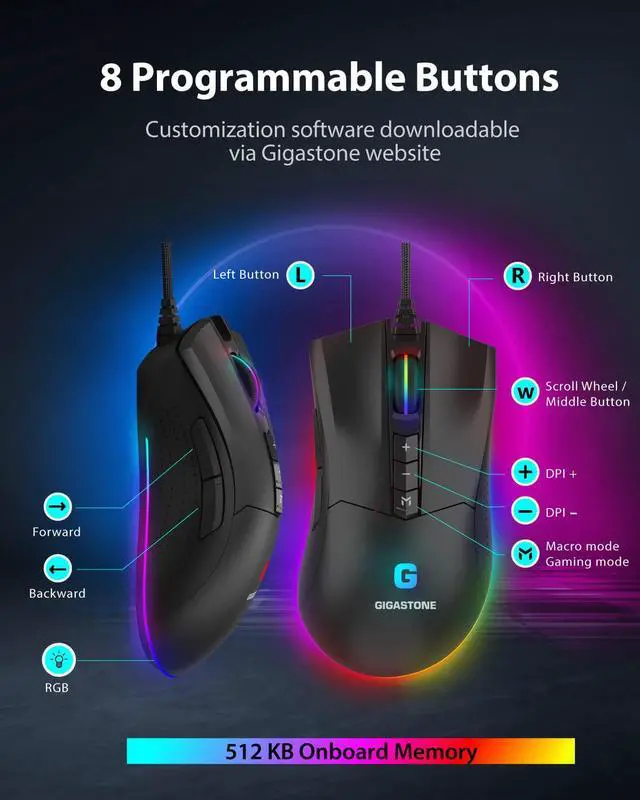 Alt view image 3 of 7 - Gigastone Gaming Mouse Up to 12,000 DPI Adjustable, Wired Gaming Mouse with Customizable RGB Backlight, 8 Programmable Buttons, 512KB Onboard Memory, Most Suitable for Windows 7 and Up