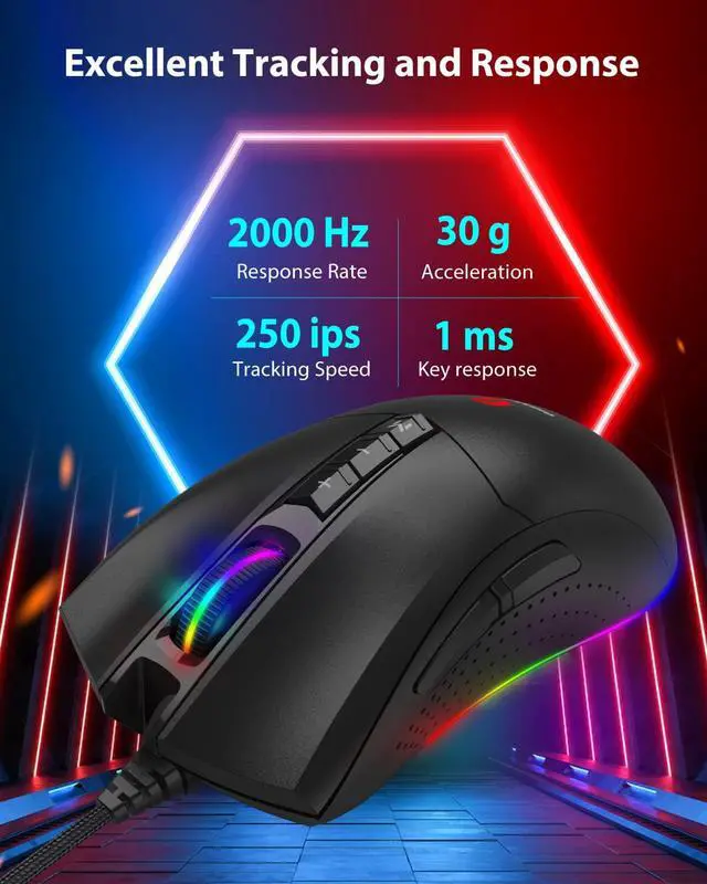 Alt view image 5 of 7 - Gigastone Gaming Mouse Up to 12,000 DPI Adjustable, Wired Gaming Mouse with Customizable RGB Backlight, 8 Programmable Buttons, 512KB Onboard Memory, Most Suitable for Windows 7 and Up
