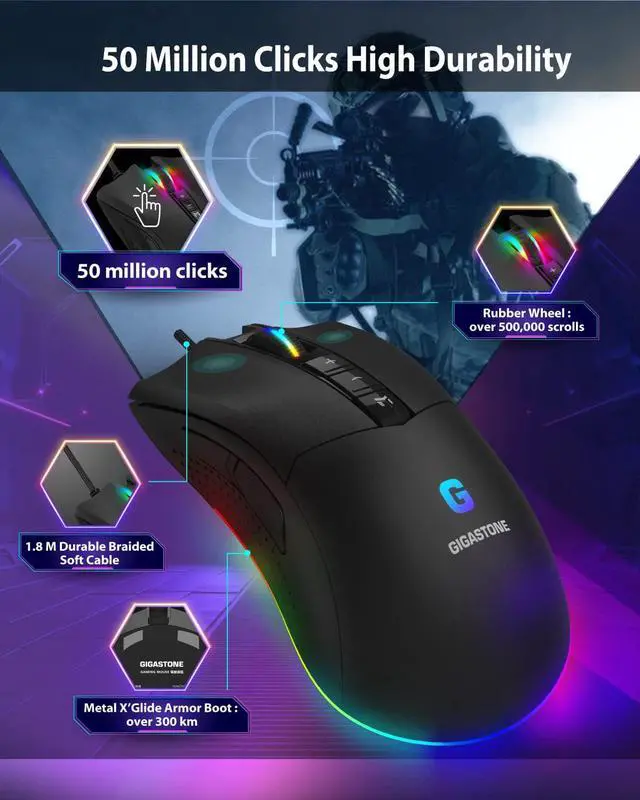 Alt view image 6 of 7 - Gigastone Gaming Mouse Up to 12,000 DPI Adjustable, Wired Gaming Mouse with Customizable RGB Backlight, 8 Programmable Buttons, 512KB Onboard Memory, Most Suitable for Windows 7 and Up