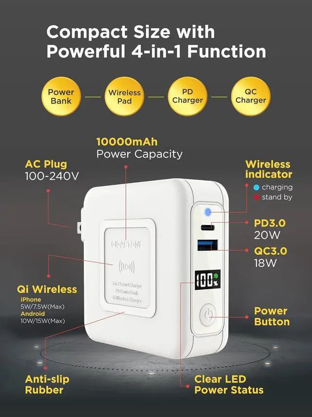 Alt view image 2 of 7 - Gigastone 4-in-1 10000mAh Qi Wireless Portable Charger 24W Wireless Power Bank