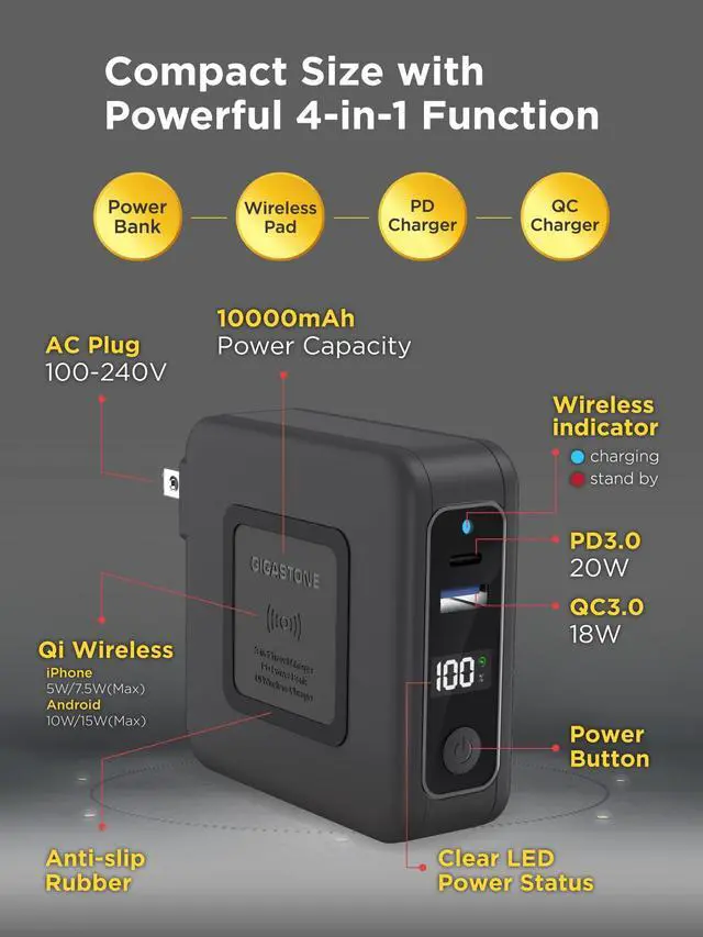 Alt view image 2 of 6 - Gigastone 4-in-1 10000mAh Qi Wireless Portable Charger 24W Wireless Power Bank Black