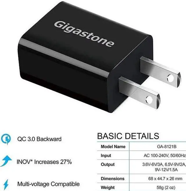 Alt view image 5 of 6 - Gigastone USB 18W Fast Charge Wall Charger with Qualcomm Quick Charge 3.0 - White, 4 Pack Black