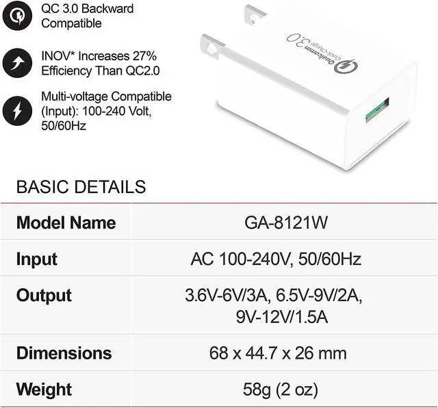 Alt view image 6 of 7 - Gigastone USB 18W Fast Charge Wall Charger with Qualcomm Quick Charge 3.0 - White, 2 Pack