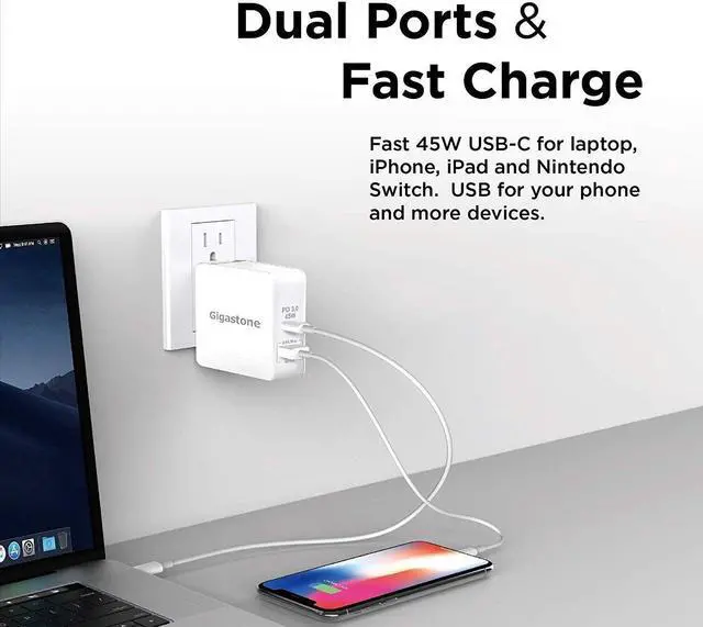 Alt view image 2 of 7 - Gigastone USB-C 60W Wall Charger Power Delivery PD 3.0 45W Fast Charge, Foldable