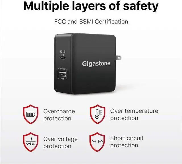 Alt view image 4 of 6 - Gigastone USB-C 60W Wall Charger Power Delivery PD 3.0 45W Fast Charge, Foldable Black