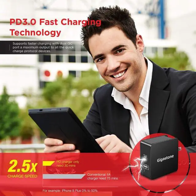 Alt view image 2 of 6 - Gigastone USB-C 60W Wall Charger Power Delivery PD 3.0 45W Fast Charge, Foldable Black