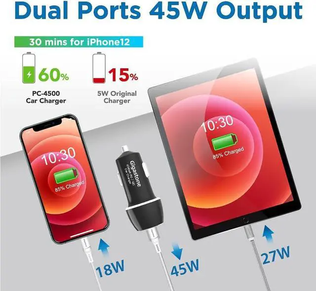 Alt view image 2 of 7 - Gigastone USB C Car Charger 45W/6A Fast Car Charger Adapter, PD3.0 & QC3.0, Dual Port, Super Mini, Compatible with iPhone 15, 14,13,12,11,X,SE,8, Galaxy S23,S22,S21, Note,Pixel, LG,Motorola