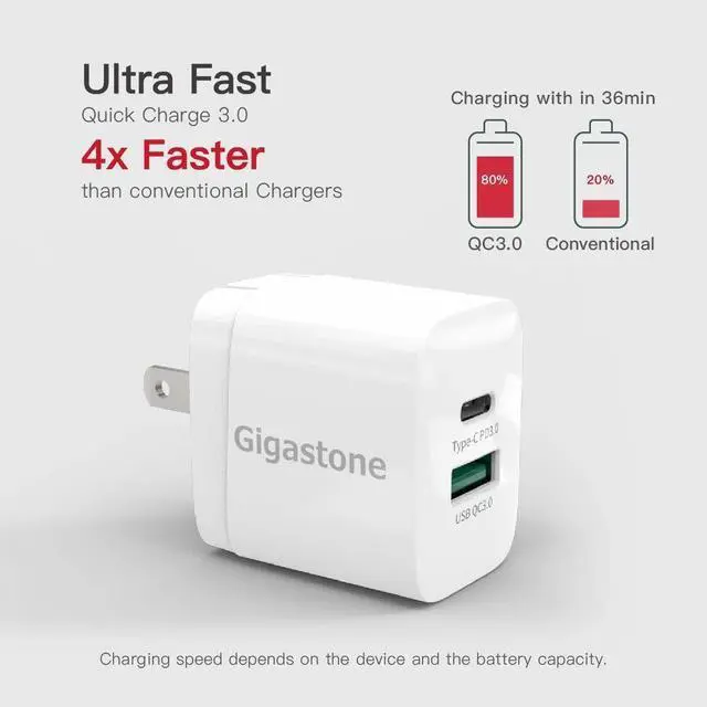 Alt view image 3 of 7 - Gigastone 20W Dual Ports USB-A + USB-C Type C Fast Wall Charger PD/QC 3.0 - 2 Pack