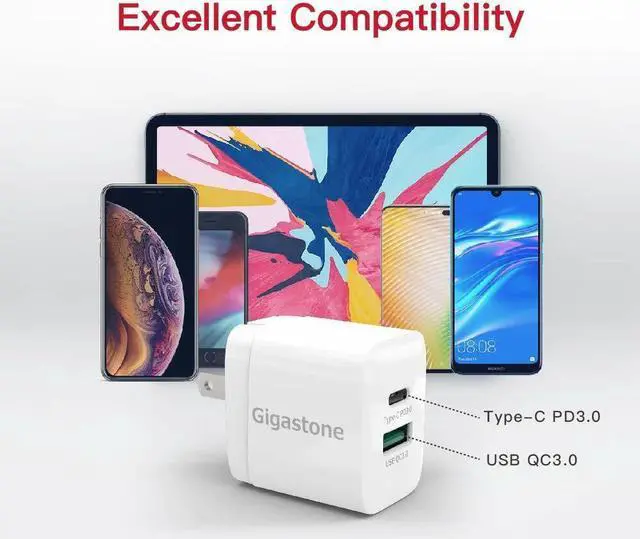 Alt view image 4 of 7 - Gigastone 20W Dual Ports USB-A + USB-C Type C Fast Wall Charger PD/QC 3.0 - 2 Pack