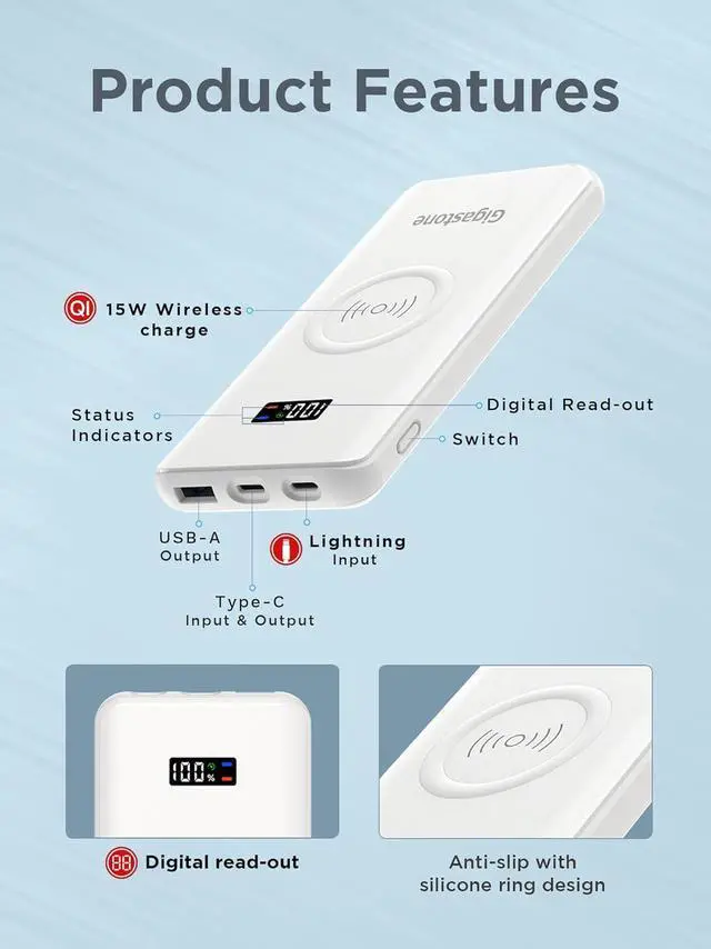 Alt view image 2 of 7 - GIGASTONE 2in1 Power Bank 10000mAh Battery Pack, 20W Fast Charging with PD 3.0 USB-C, 18W QC 3.0 USB-A, 15W Qi Wireless Charger, Compatible with iPhone15/14, iPad, Android, and Qi Enabled Devices