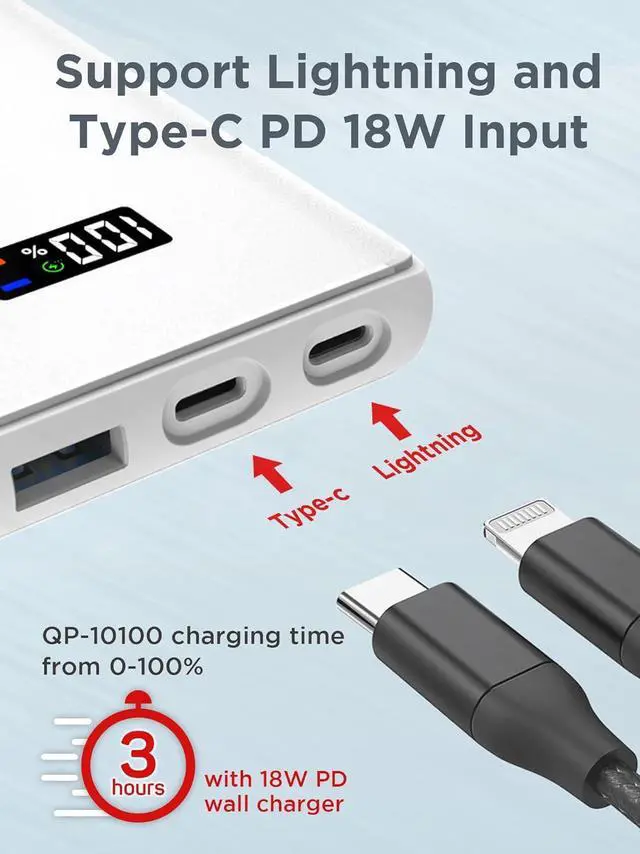 Alt view image 3 of 7 - GIGASTONE 2in1 Power Bank 10000mAh Battery Pack, 20W Fast Charging with PD 3.0 USB-C, 18W QC 3.0 USB-A, 15W Qi Wireless Charger, Compatible with iPhone15/14, iPad, Android, and Qi Enabled Devices