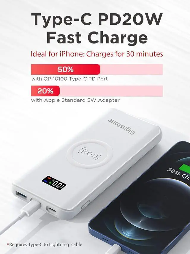 Alt view image 5 of 7 - GIGASTONE 2in1 Power Bank 10000mAh Battery Pack, 20W Fast Charging with PD 3.0 USB-C, 18W QC 3.0 USB-A, 15W Qi Wireless Charger, Compatible with iPhone15/14, iPad, Android, and Qi Enabled Devices