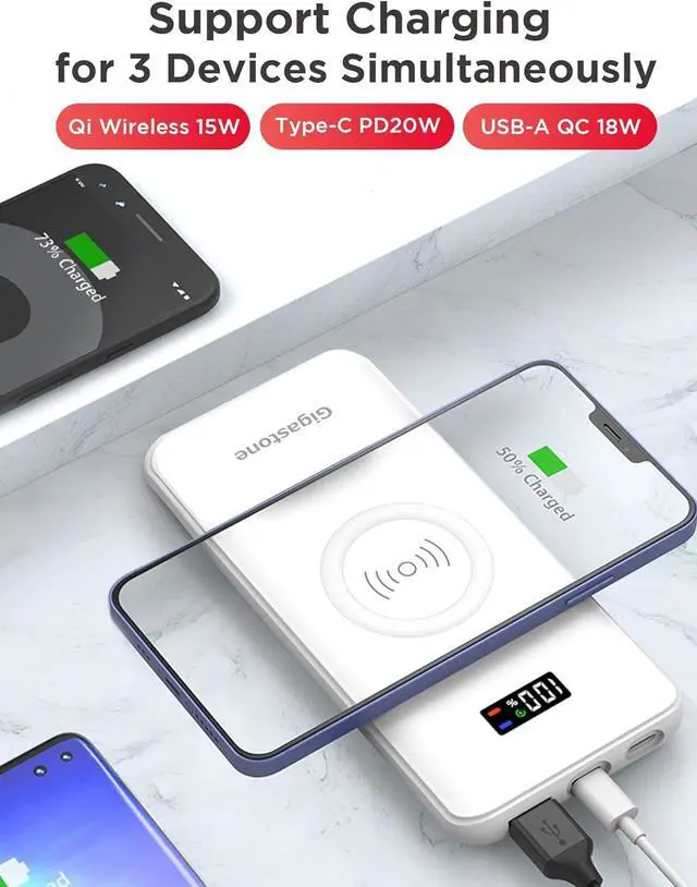 Alt view image 6 of 7 - GIGASTONE 2in1 Power Bank 10000mAh Battery Pack, 20W Fast Charging with PD 3.0 USB-C, 18W QC 3.0 USB-A, 15W Qi Wireless Charger, Compatible with iPhone15/14, iPad, Android, and Qi Enabled Devices