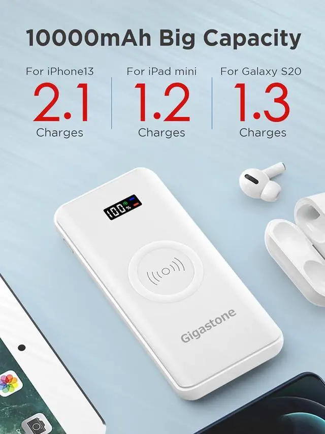 Alt view image 4 of 7 - GIGASTONE 2in1 Power Bank 10000mAh Battery Pack, 20W Fast Charging with PD 3.0 USB-C, 18W QC 3.0 USB-A, 15W Qi Wireless Charger, Compatible with iPhone15/14, iPad, Android, and Qi Enabled Devices