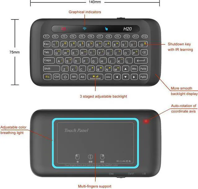 Alt view image 6 of 6 - H20 Wireless Keyboard Backlight Full Screen Touchpad Handheld Remote Control Mini 2.4G Fly Air Mouse For Laptop X96 Mini Android