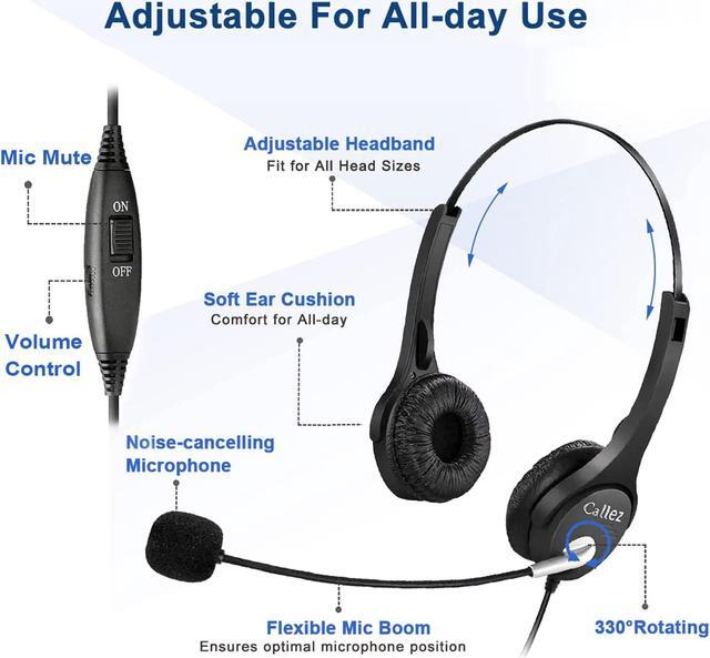 Alt view image 4 of 7 - Wantek Hands Telephone Headset Dual with Noise Cancelling Mic, Volume Mute Control Call Center Phone Headsets RJ9 RJ11 Jack