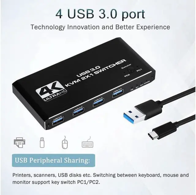 Alt view image 3 of 7 - HDMI KVM Switch 2 Port, 4K@60Hz USB KVM Switch 2x1 HDMI2.0 Ports + 4x USB3.0 Ports, Share 2 Computers to one Monitor, Supports Hotkey Switch, Wireless Keyboard and Mouse, USB Disk, Printer, USB Camera