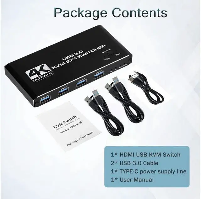 Alt view image 7 of 7 - HDMI KVM Switch 2 Port, 4K@60Hz USB KVM Switch 2x1 HDMI2.0 Ports + 4x USB3.0 Ports, Share 2 Computers to one Monitor, Supports Hotkey Switch, Wireless Keyboard and Mouse, USB Disk, Printer, USB Camera