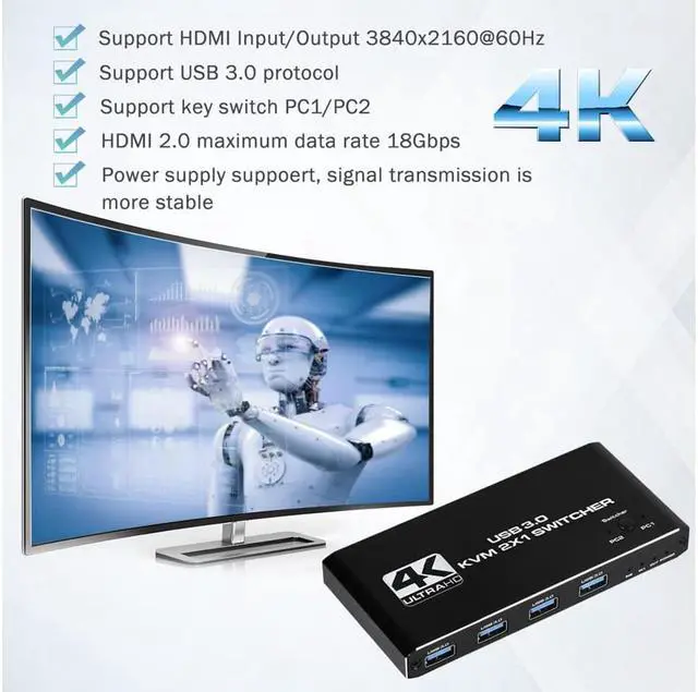 Alt view image 5 of 7 - HDMI KVM Switch 2 Port, 4K@60Hz USB KVM Switch 2x1 HDMI2.0 Ports + 4x USB3.0 Ports, Share 2 Computers to one Monitor, Supports Hotkey Switch, Wireless Keyboard and Mouse, USB Disk, Printer, USB Camera