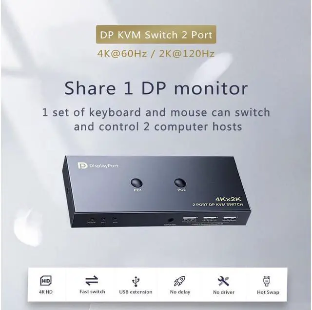 Alt view image 2 of 7 - DisplayPort KVM Switch 2 Port, KVM Switch DisplayPort for 2 Computers Sharing 1 Monitor and 3 USB Devices, Support 4K @60Hz, 2K(2560X1440) @120Hz, with Extended Control Switch and 2 USB Cables