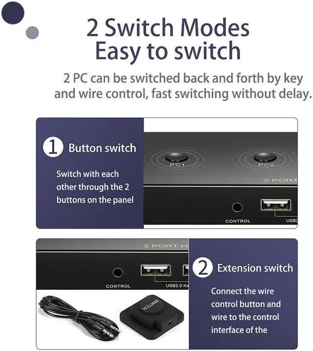 Alt view image 6 of 7 - KVM Switch HDMI 2 Port 4K @60Hz, 2x1 HDMI KVM Switch for 2 Computers Sharing 1 Monitor and 3 USB Devices, with Extension Control Switch and 2 USB Cable & 2 HDMI Cable