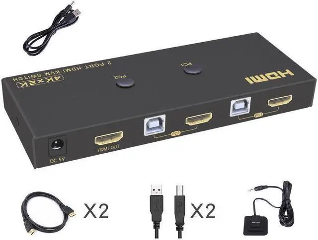 Alt view image 7 of 7 - KVM Switch HDMI 2 Port 4K @60Hz, 2x1 HDMI KVM Switch for 2 Computers Sharing 1 Monitor and 3 USB Devices, with Extension Control Switch and 2 USB Cable & 2 HDMI Cable