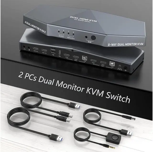 Main image of KVM Switch 4K @60Hz 2 PCs Dual Monitor, Dual Monitor Suitable HDMI KVM Switch for 2 Computers + 2 Monitors with Audio, USB Powered, Hotkey Switch, 4K Monitor with Cables