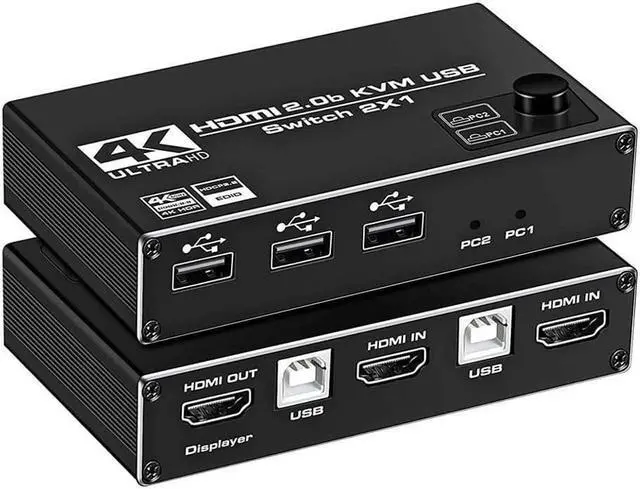Main image of HDMI 2.0b KVM Switch USB 2 Port 4K HDMI, 2 Computers Share One Monitor 2x1 HDMI KVM Switch, 3 USB 2.0 Hub, Ultra HD 4K@60Hz, HDCP 2.2, Support Wireless Keyboard and Mouse