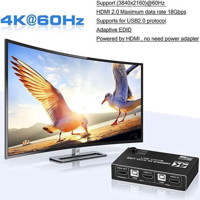 Alt view image 3 of 7 - HDMI 2.0b KVM Switch USB 2 Port 4K HDMI, 2 Computers Share One Monitor 2x1 HDMI KVM Switch, 3 USB 2.0 Hub, Ultra HD 4K@60Hz, HDCP 2.2, Support Wireless Keyboard and Mouse