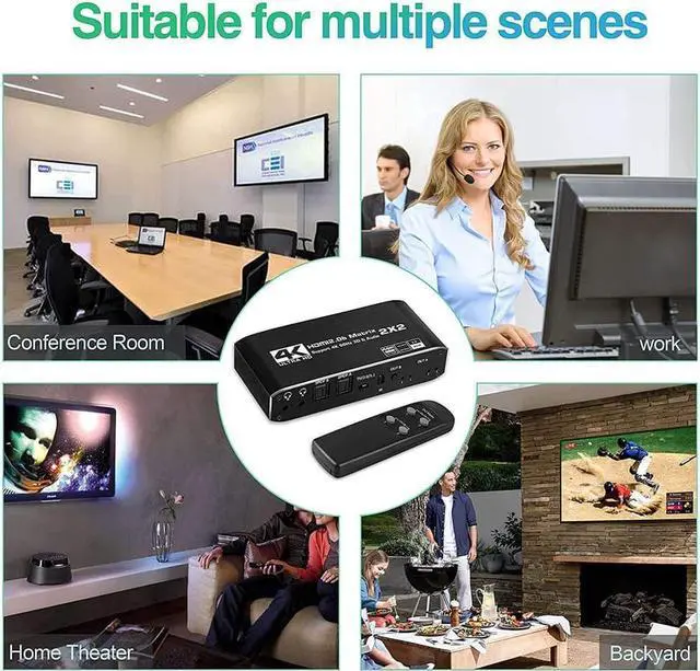 Alt view image 5 of 7 - HDMI Matrix 2x2, 4K@60Hz HDMI Matrix Switcher 2 in 2 Out with Optical & L/R Audio Extractor, HDMI Video Switch Splitter Support IR Remote, Auto Scaling HDMI 2.0b/HDCP 2.2, RGB 8:8:8, 18.5Gbps, HDR, 3D