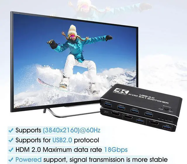 Alt view image 4 of 5 - 4K USB KVM Switch USB 3.0 Switcher HDMI-compatible KVM Switch 2 In 1 Out for 2 PC Sharing Keyboard and Mouse EDID / HDCP Printer
