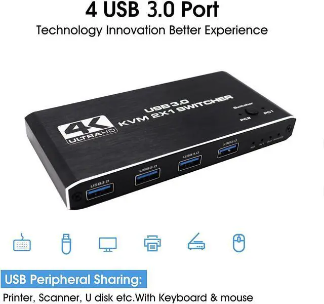 Alt view image 5 of 5 - 4K USB KVM Switch USB 3.0 Switcher HDMI-compatible KVM Switch 2 In 1 Out for 2 PC Sharing Keyboard and Mouse EDID / HDCP Printer