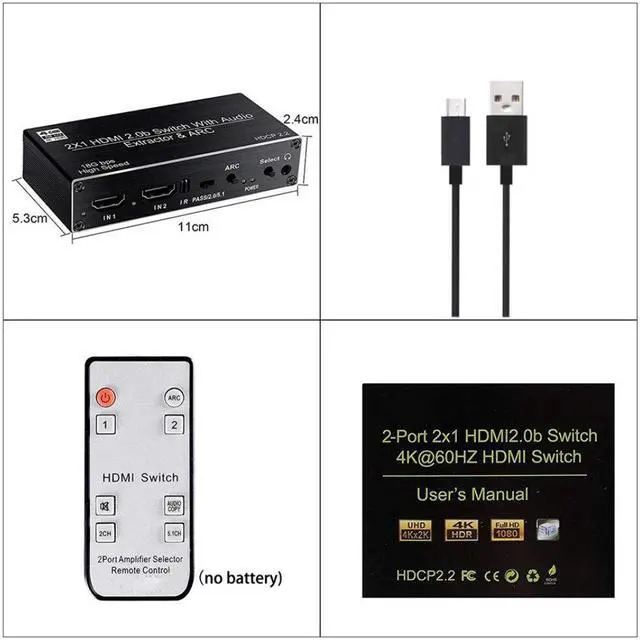 Alt view image 6 of 6 - 2 port HDMI Switch Audio Extractor with R/L+Toslink SPDIF+COAXIAL Audio Out Adapter 4K 60Hz HDMI ARC Audio Switcher 2x1 Selector